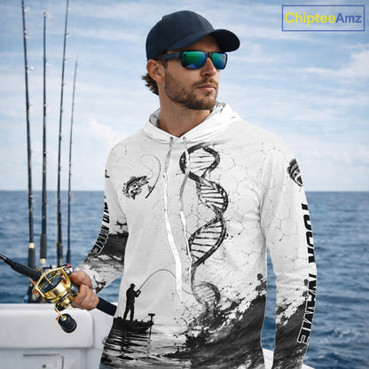 Largemouth Bass Fishing Long Sleeve Hooded Shirt Fisherman Boat DNA Art Graphic For Anglers For Men
