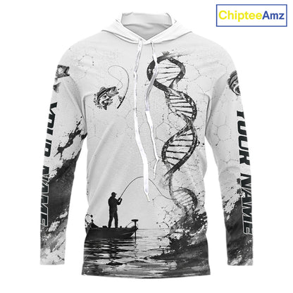 Largemouth Bass Fishing Long Sleeve Hooded Shirt Fisherman Boat DNA Art Graphic For Anglers For Men