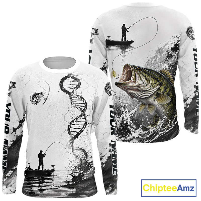 Largemouth Bass Fishing Long Sleeve Shirt Fisherman Boat DNA Art Graphic For Anglers For Men