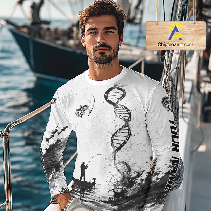 Largemouth Bass Fishing Long Sleeve Shirt Fisherman Boat DNA Art Graphic For Anglers For Men