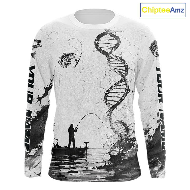 Largemouth Bass Fishing Long Sleeve Shirt Fisherman Boat DNA Art Graphic For Anglers For Men