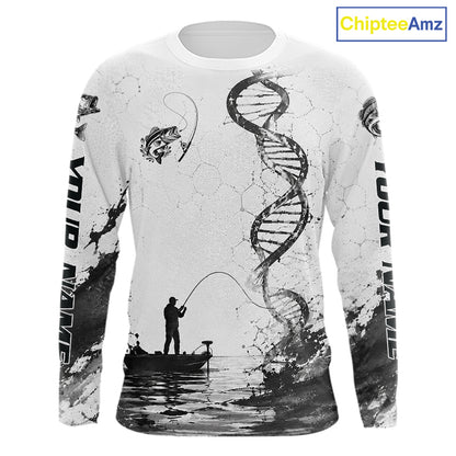 Largemouth Bass Fishing Long Sleeve Shirt Fisherman Boat DNA Art Graphic For Anglers For Men
