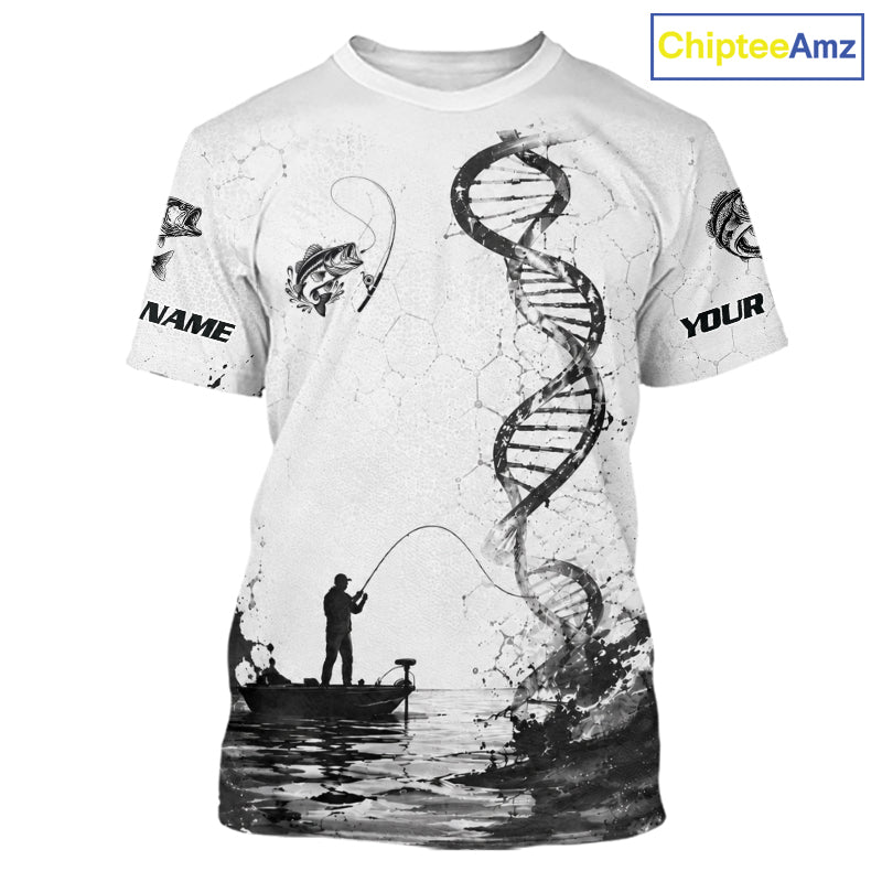 White t-shirt with black and white graphic design featuring a fisherman and DNA