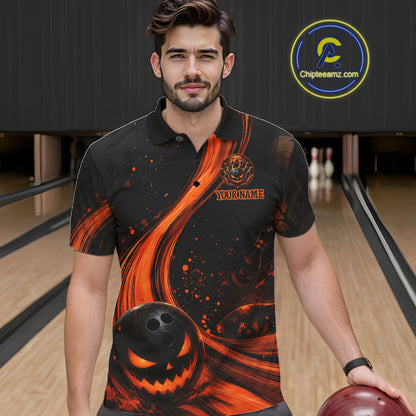 A man wearing a black short-sleeve polo shirt with a Halloween-themed graphic print featuring a jack-o'-lantern bowling ball and orange swirls, standing in a bowling alley. A circular 'Chipleeamz.