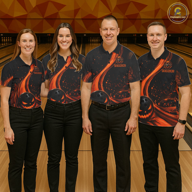 Personalized Halloween Bowling 1/4 Zip Polo Shirt For Women - Scary Pumpkin Team Name Jersey NHT1274