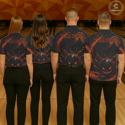 Personalized Halloween Bowling 1/4 Zip Polo Shirt For Men - Scary Pumpkin Team Name Jersey NHT1274
