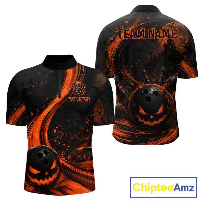 Front and back views of a short-sleeve quarter-zip bowling-themed polo shirt with a black and orange Halloween design, including a jack-o'-lantern, bowling ball, and customizable text placeholders, shown on a white background with a ChipteeAmz logo in the corner.