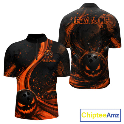 Front and back views of a short-sleeve quarter-zip bowling-themed polo shirt with a black and orange Halloween design, including a jack-o'-lantern, bowling ball, and customizable text placeholders, shown on a white background with a ChipteeAmz logo in the corner.