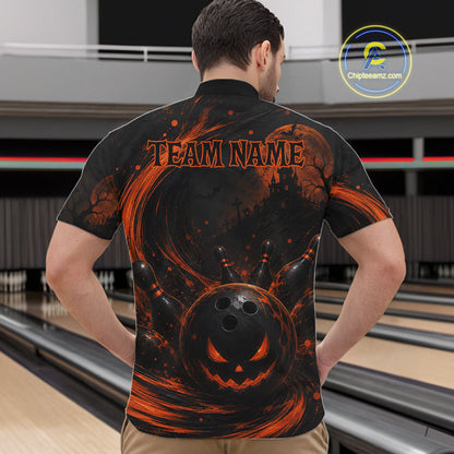 Personalized Halloween Bowling 1/4 Zip Polo Shirt For Men - Scary Pumpkin Team Name Jersey NHT1274