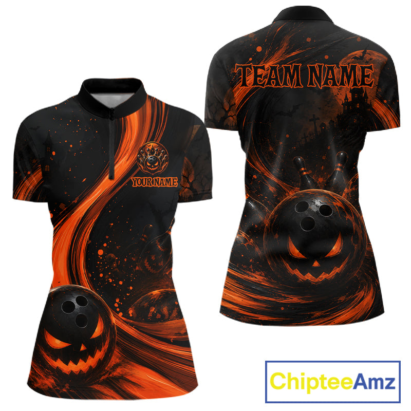 Front and back views of a women's short-sleeve polo shirt with a Halloween theme, featuring orange and black swirls, jack-o'-lanterns, bowling balls, and customizable text 'TEAM NAME' and 'YOURNAME'.