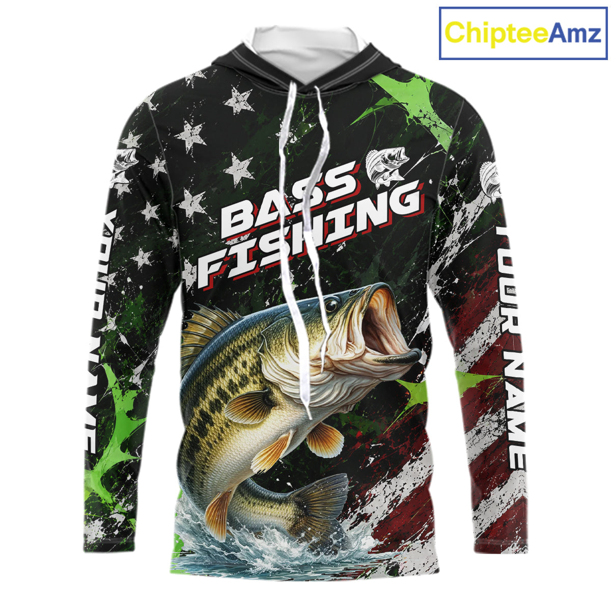 Best Bass Fishing Shirt Long Sleeve Hooded American Flag Patriotic Custom Name
