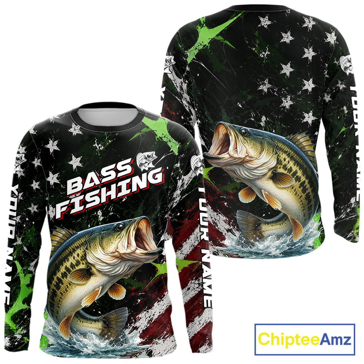 Best Bass Fishing Shirt Long Sleeve American Flag Patriotic Custom Name