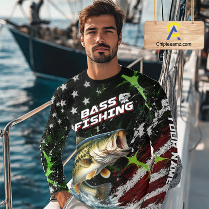 Best Bass Fishing Shirts Long Sleeve American Flag Patriotic Custom Name Fishing Tournament NHT964