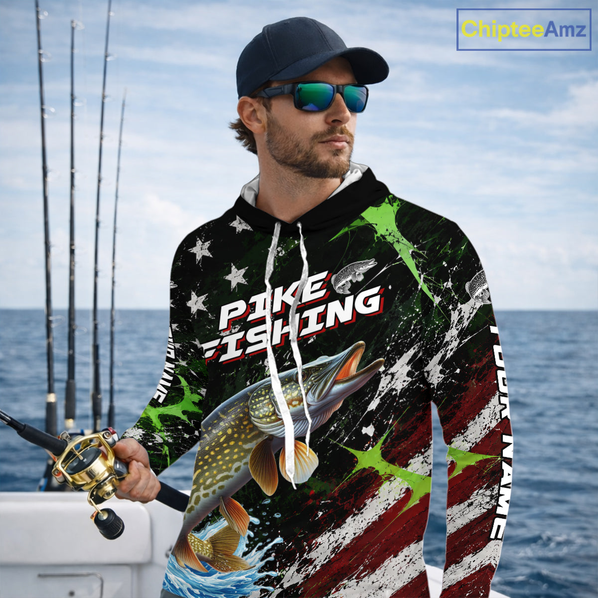 Best Pike Fishing Shirts Long Sleeve Hooded American Flag Patriotic Custom Name Fishing Tournament NHT965
