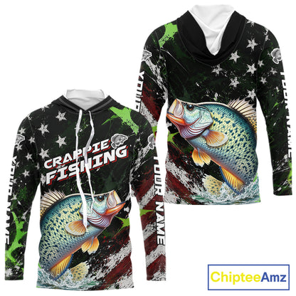 Best Crappie Fishing Shirt Long Sleeve Hooded American Flag Patriotic Custom Name