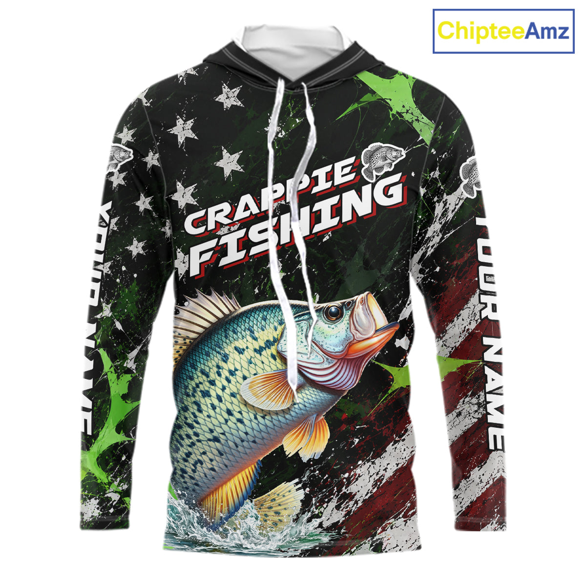 Best Crappie Fishing Shirt Long Sleeve Hooded American Flag Patriotic Custom Name