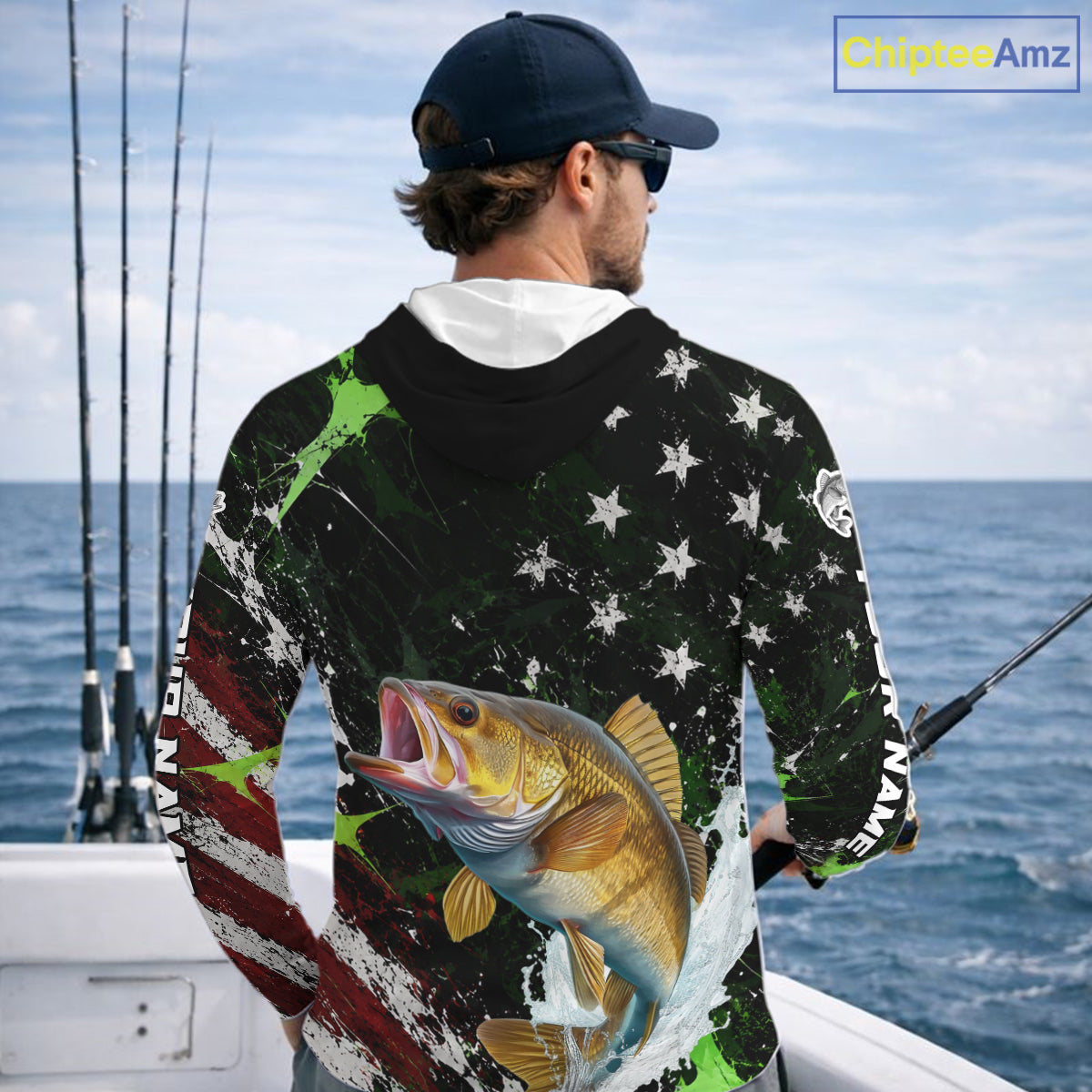 Best Walleye Fishing Shirts Long Sleeve Hooded American Flag Patriotic Custom Name Fishing Jersey NHT967