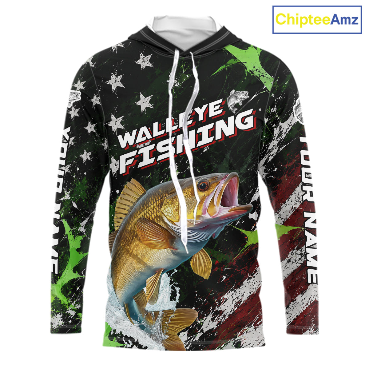Best Walleye Fishing Shirt Long Sleeve Hooded American Flag Patriotic Custom Name