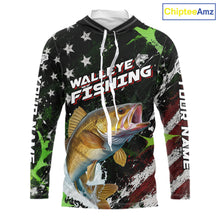 Load image into Gallery viewer, Best Walleye Fishing Shirt Long Sleeve Hooded American Flag Patriotic Custom Name