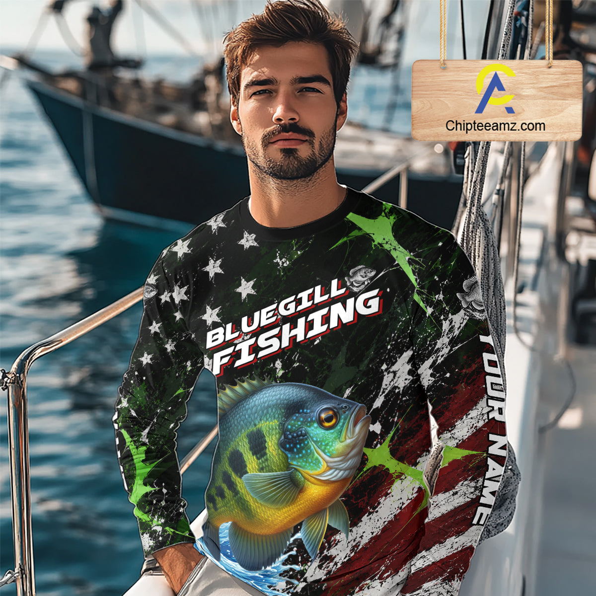 Best Bluegill Fishing Shirts Long Sleeve American Flag Patriotic Custom Name Fishing Jersey NHT968