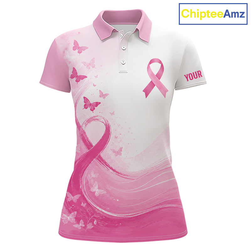 Personalized Breast Cancer Awareness Women’s Golf Polo Pink Ribbon & Butterflies Custom Name NHT975 - Women's Short Sleeve...