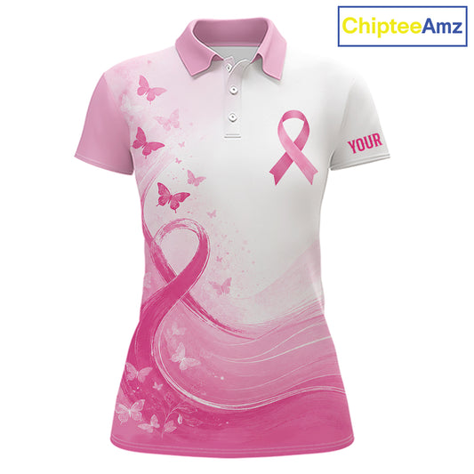 Personalized Breast Cancer Awareness Women’s Golf Polo Pink Ribbon & Butterflies Custom Name NHT975 - Women's Short Sleeve...