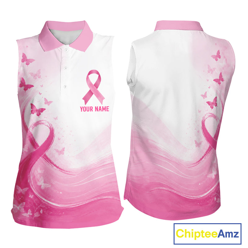 Personalized Breast Cancer Awareness Women’s Sleeveless Golf Polo Pink Ribbon & Butterflies Custom Name