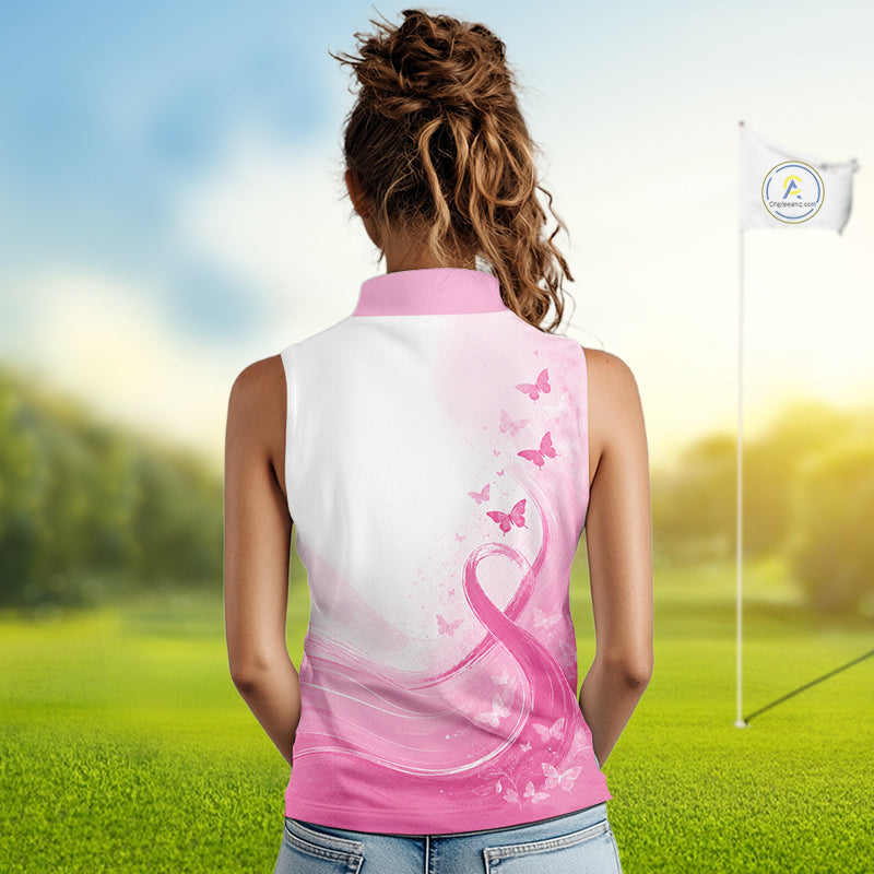 Personalized Breast Cancer Awareness Women’s Sleeveless Golf Polo Pink Ribbon & Butterflies Custom Name