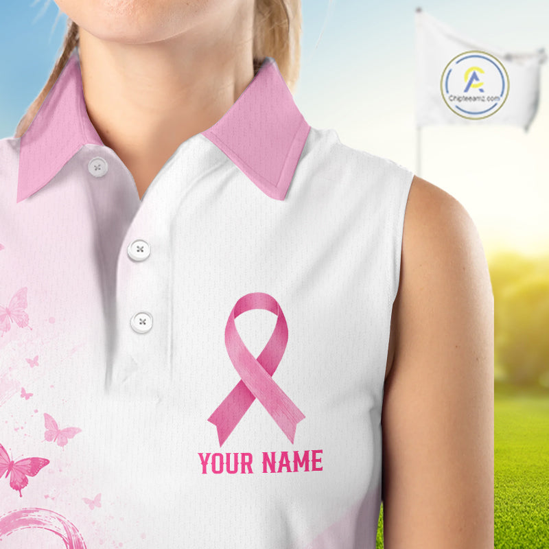 Personalized Breast Cancer Awareness Women’s Sleeveless Golf Polo Pink Ribbon & Butterflies Custom Name