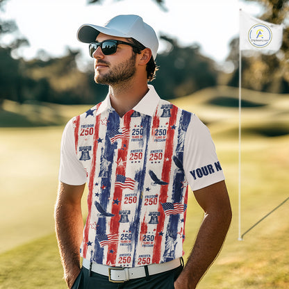 Man wearing a patriotic-themed golf shirt on a golf course