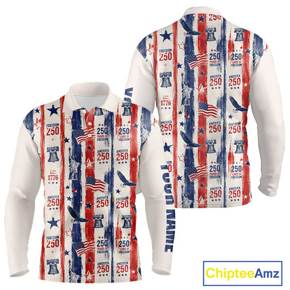 White shirt with American flag and Liberty Bell pattern, featuring ChipteeAmz branding.
