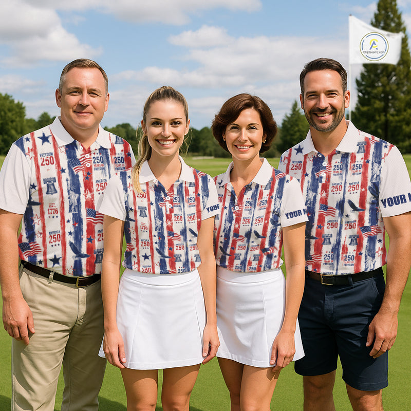Four people in matching golf outfits on a golf course with a flag in the background.