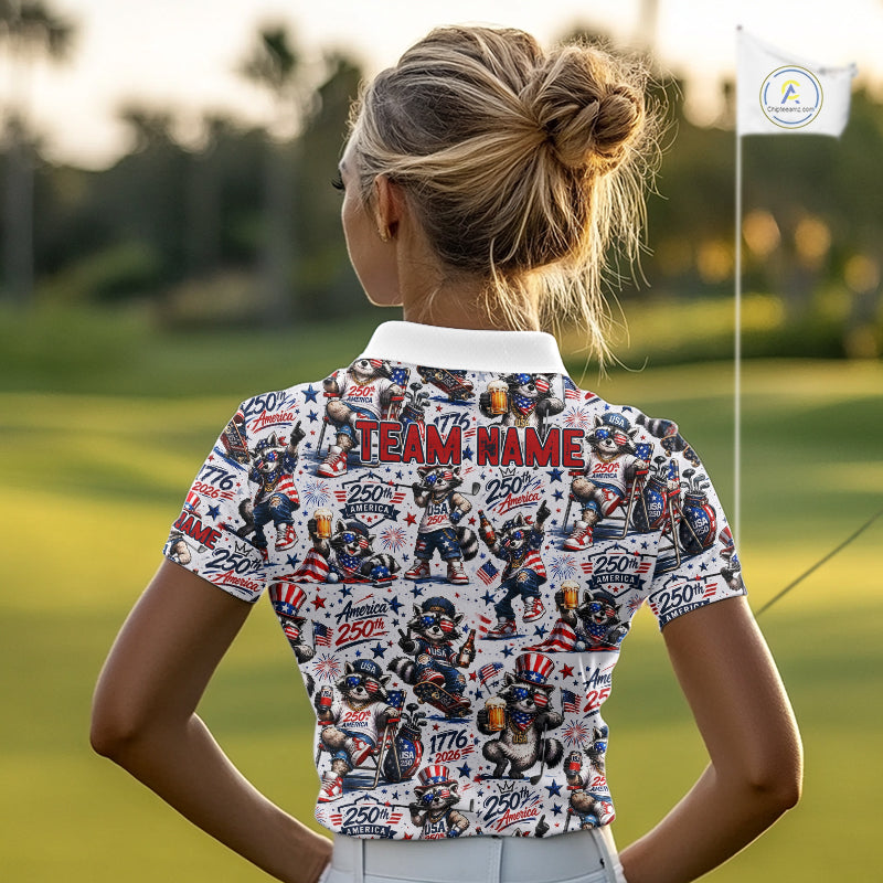 Funny Patriotic Raccoon Personalized Women's Golf Polo Shirt- America 250 Years Golf Gift