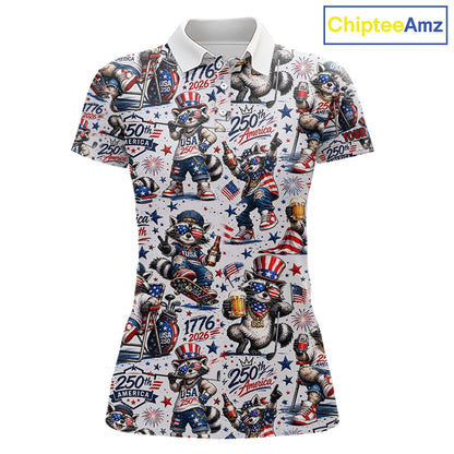 Funny Patriotic Raccoon Personalized Women's Golf Polo Shirt- America 250 Years Golf Gift NHT984 - Women's Short Sleeve Po...