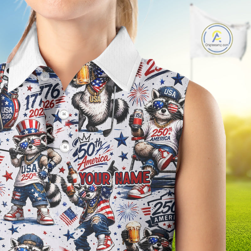 Funny Patriotic Raccoon Personalized Women's Sleeveless Golf Polo Shirt- America 250 Years Golf Gift