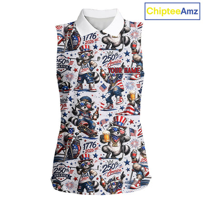 Funny Patriotic Raccoon Personalized Women's Sleeveless Golf Polo Shirt- America 250 Years Golf Gift NHT984 - Women's Slee...