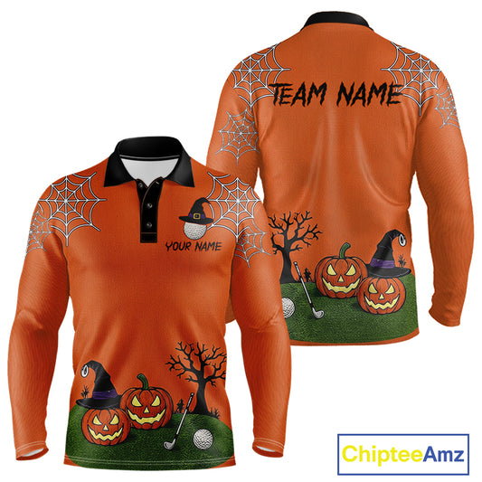 An orange long-sleeve polo shirt shown from the front and back, featuring Halloween graphics including jack-o'-lanterns, a witch hat, spiderwebs, a bare tree, and customizable text areas on the chest and back.