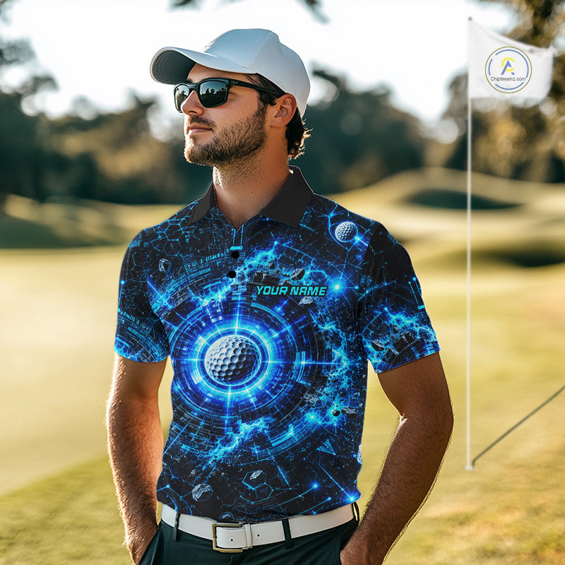Man wearing a custom golf shirt with a blue and black design on a golf course