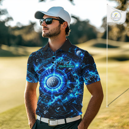 Man wearing a custom golf shirt with a blue and black design on a golf course