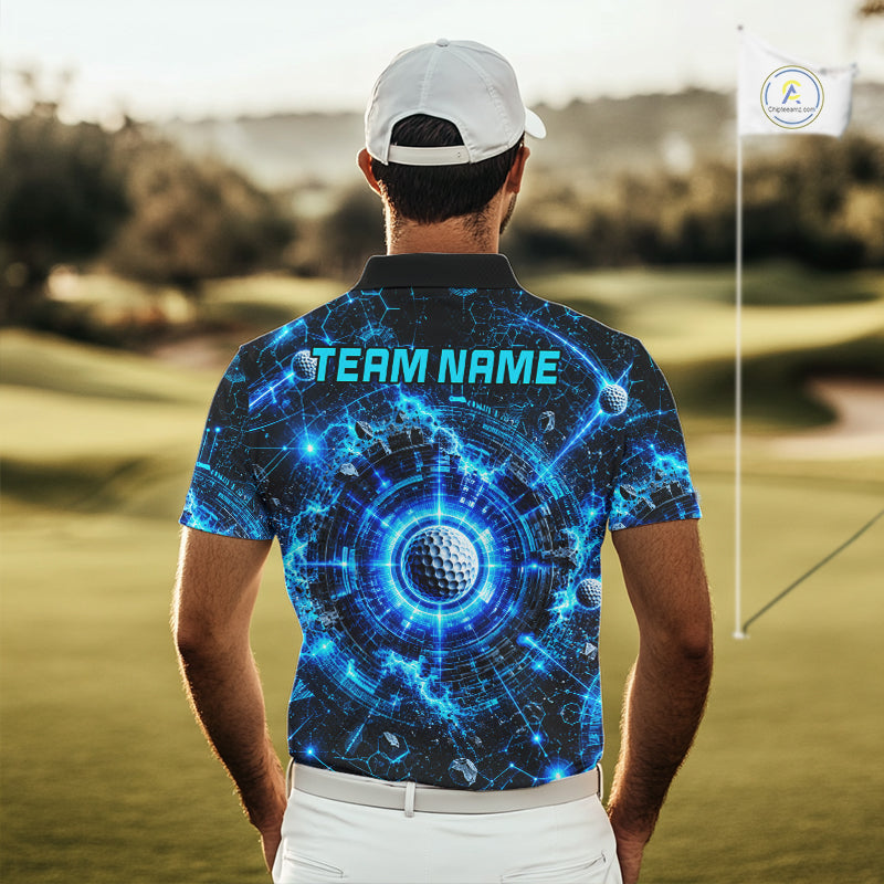 Person wearing a blue and black patterned golf shirt with 'TEAM NAME' on a golf course.