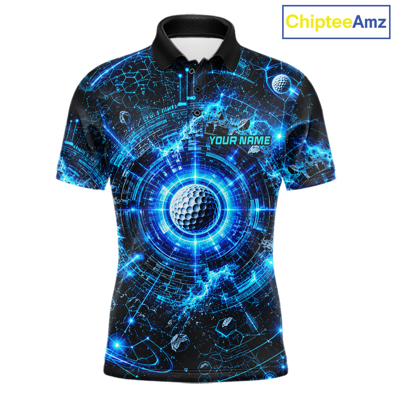 Custom Mens Golf Polo Shirt – Futuristic Blue Golf Ball Personalized Team Golf Jersey 