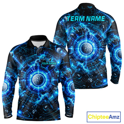 Long-sleeve shirt with futuristic design and customizable text, featuring golf balls and blue energy effects.