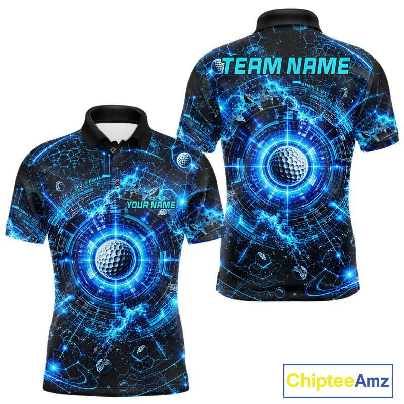 Golf-themed polo shirt with blue and black design, 'TEAM NAME' and 'Your Name' text space, Chiptee Amz branding.