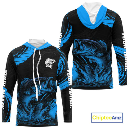 Personalized Bass Fishing Jerseys, Bass Fishing Scale Long Sleeve Shirt| Blue NHT387
