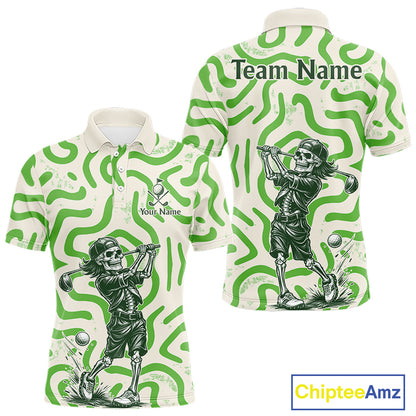 Personalized Funny Skeleton Mens Golf Polo Shirt Green Abstract Pattern Custom Golf Shirt For Team Name & Name NHT618