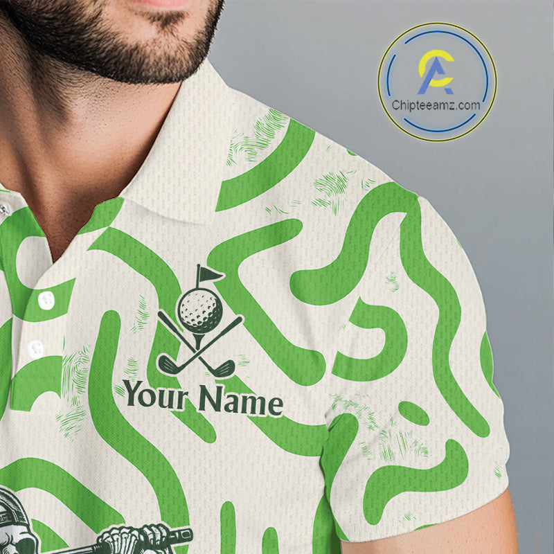 Personalized Funny Skeleton Mens Golf Polo Shirt Green Abstract Pattern Custom Golf Shirt For Team Name & Name NHT618