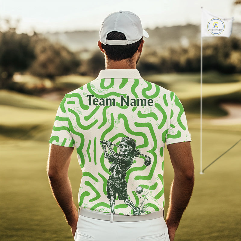 Personalized Funny Skeleton Mens Golf Polo Shirt Green Abstract Pattern Custom Golf Shirt For Team Name & Name NHT618