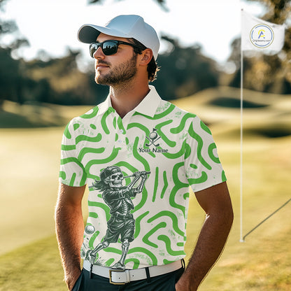 Personalized Funny Skeleton Mens Golf Polo Shirt Green Abstract Pattern Custom Golf Shirt For Team Name & Name NHT618