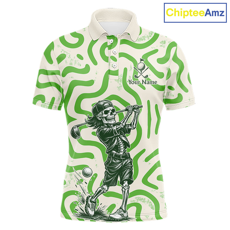 Personalized Funny Skeleton Mens Golf Polo Shirt Green Abstract Pattern Custom Golf Shirt For Team Name & Name NHT618