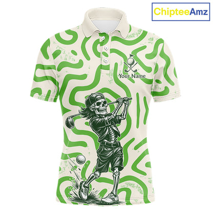 Personalized Funny Skeleton Mens Golf Polo Shirt Green Abstract Pattern Custom Golf Shirt For Team Name & Name NHT618